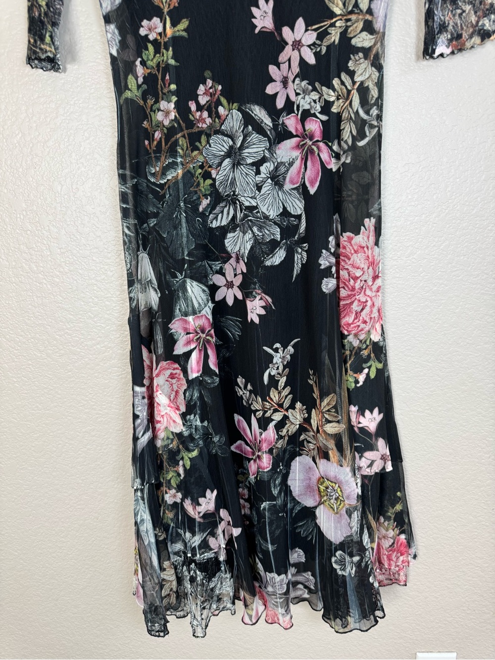 Komarov Floral Print Charmeuse Chiffon Lace Midi Dress 3/4 Sleeves Large $298 - Picture 6 of 12
